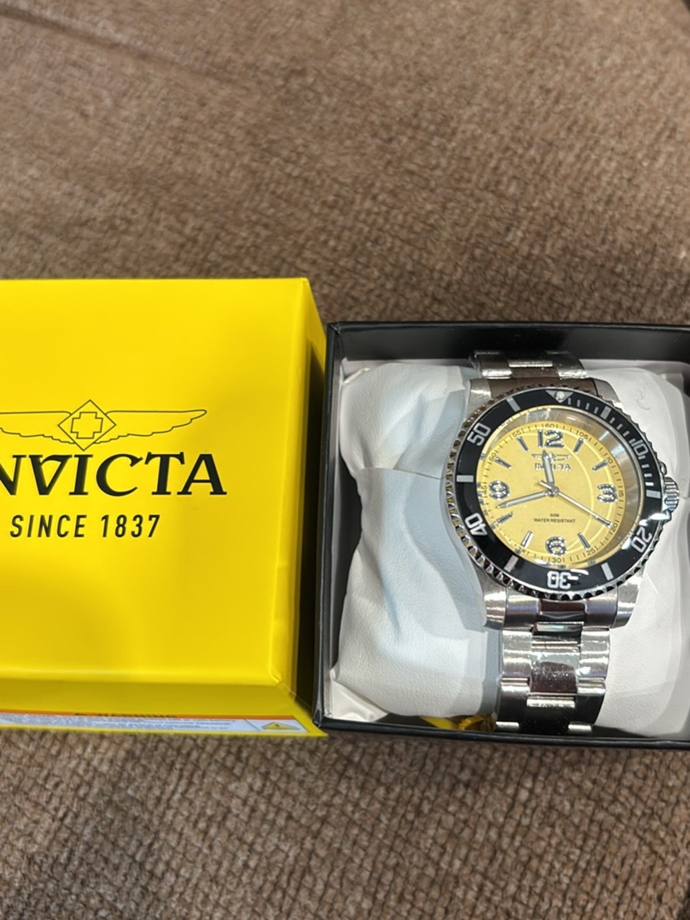 Invicta Silver Stainless Steel Watch with Yellow Dial and Black Bezel